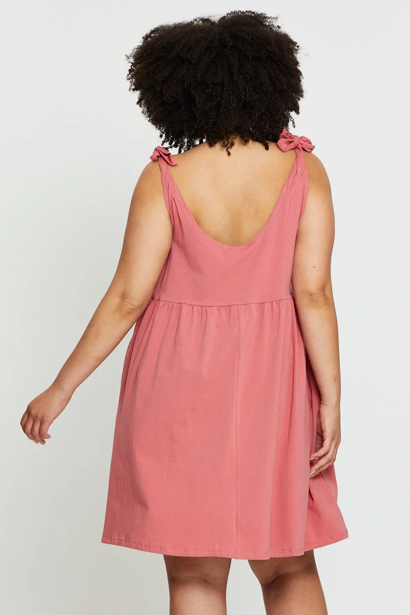 Pink Smock Dress Scoop Neck Sleeveless Tie - Image 5