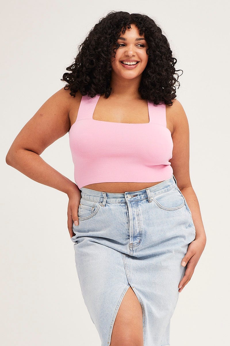 Pink Square Neck Sleeveless Crop Knit Top - Image 3
