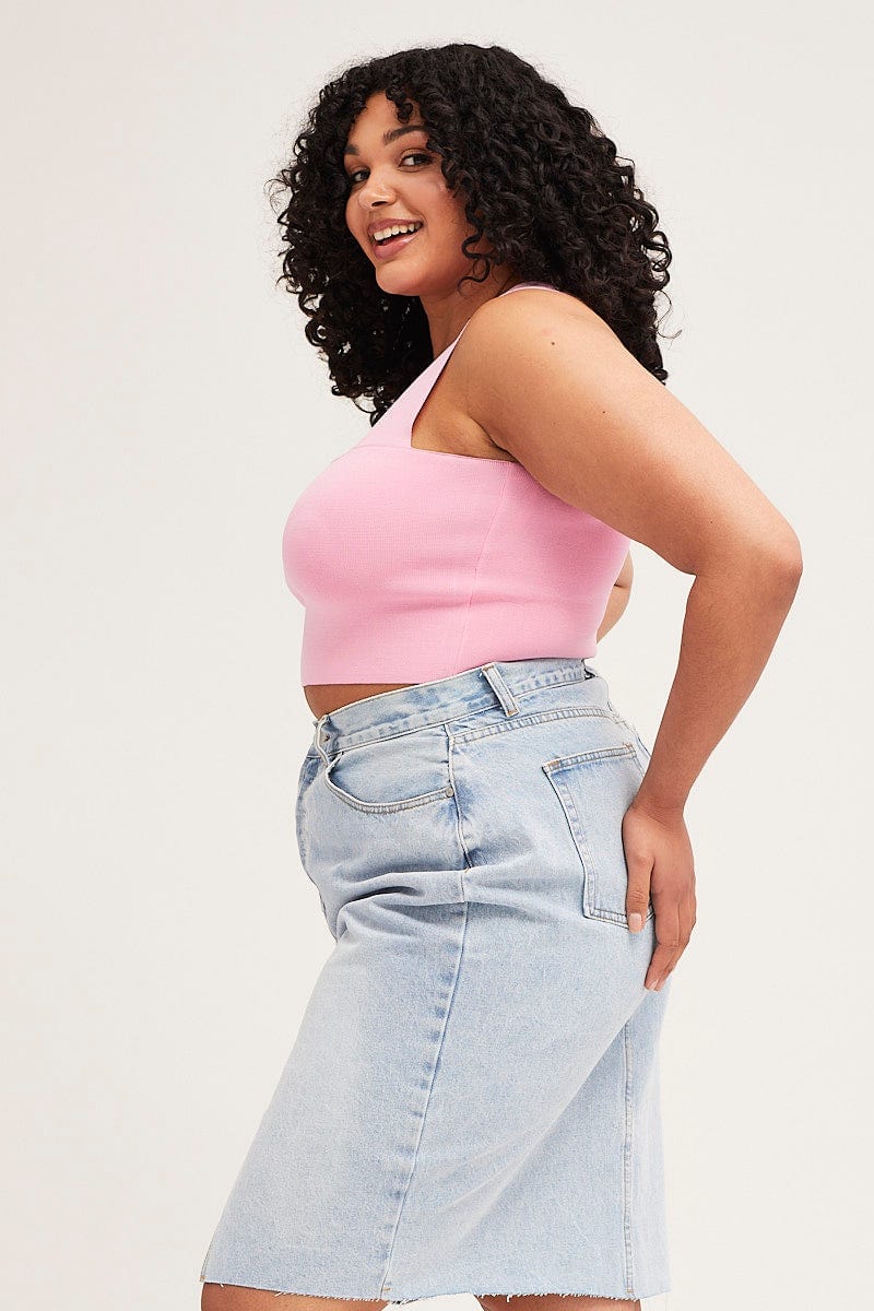 Pink Square Neck Sleeveless Crop Knit Top - Image 4