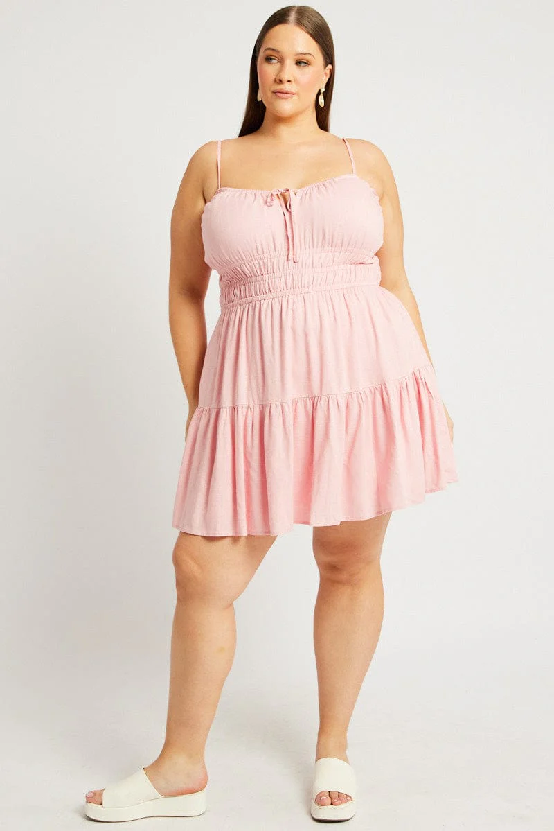 Pink Strappy Frill Hem Linen Blend Minidress - Image 3