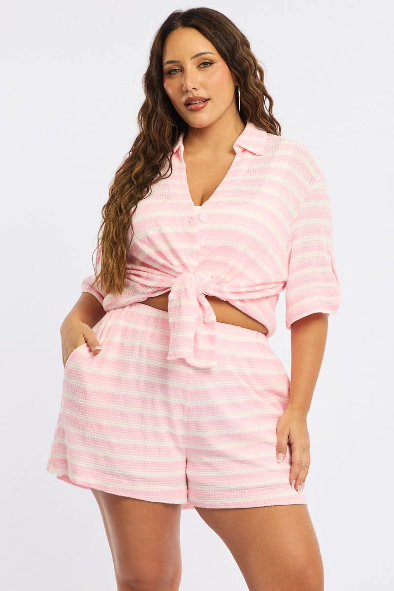 Pink Stripe Elastic Waist Shorts