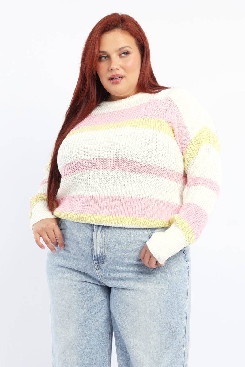 Pink Stripe Knit Jumper Long Sleeve Round Neck
