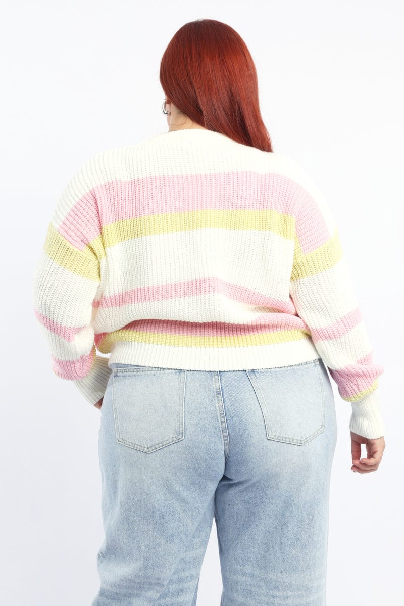 Pink Stripe Knit Jumper Long Sleeve Round Neck - Image 4