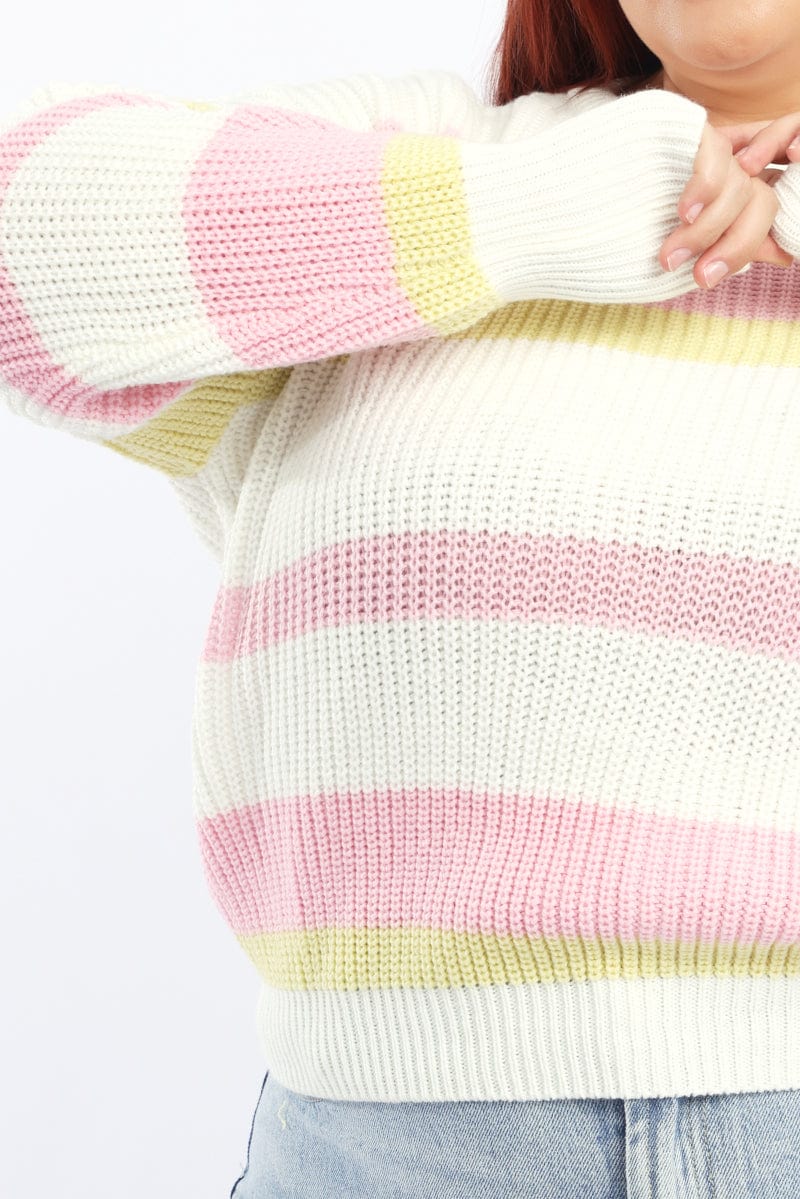 Pink Stripe Knit Jumper Long Sleeve Round Neck - Image 5