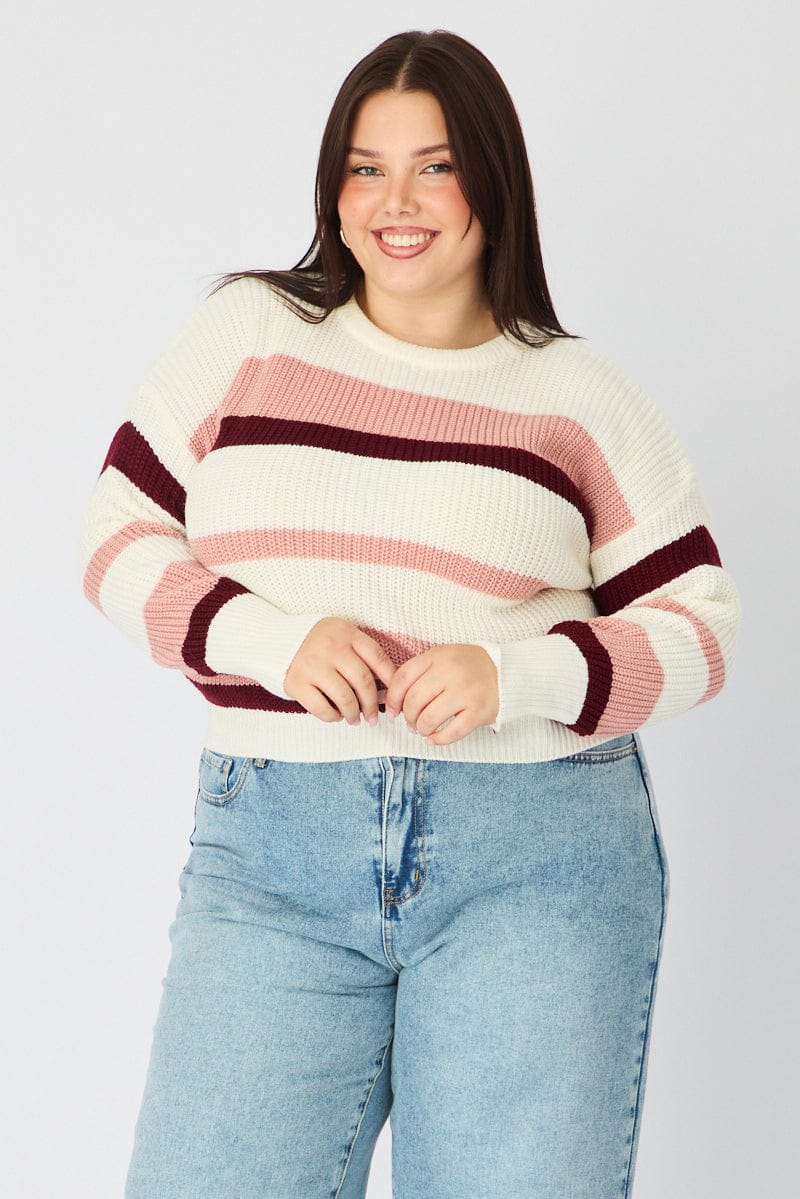 Pink Stripe Knit Top Long Sleeve Color Block - Image 3