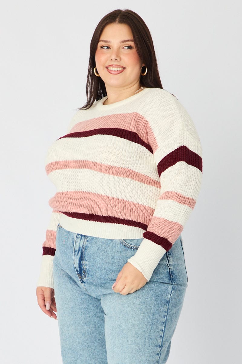 Pink Stripe Knit Top Long Sleeve Color Block - Image 4