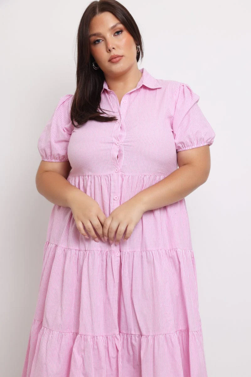 Pink Stripe Shirt Dress Short Sleeve Tiered - Image 2