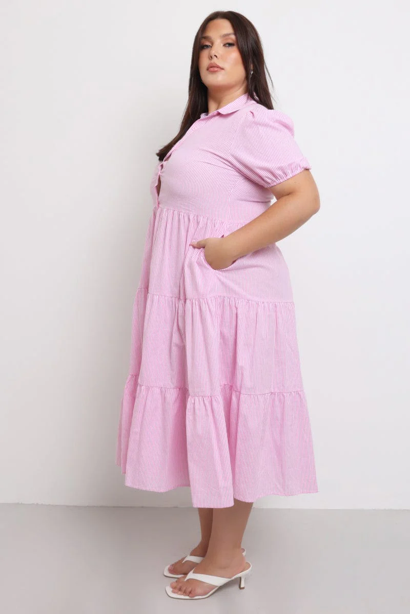 Pink Stripe Shirt Dress Short Sleeve Tiered - Image 3