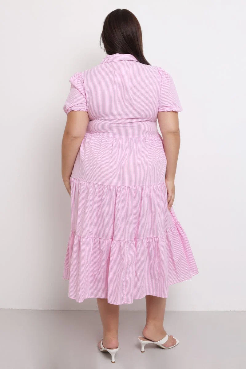 Pink Stripe Shirt Dress Short Sleeve Tiered - Image 4