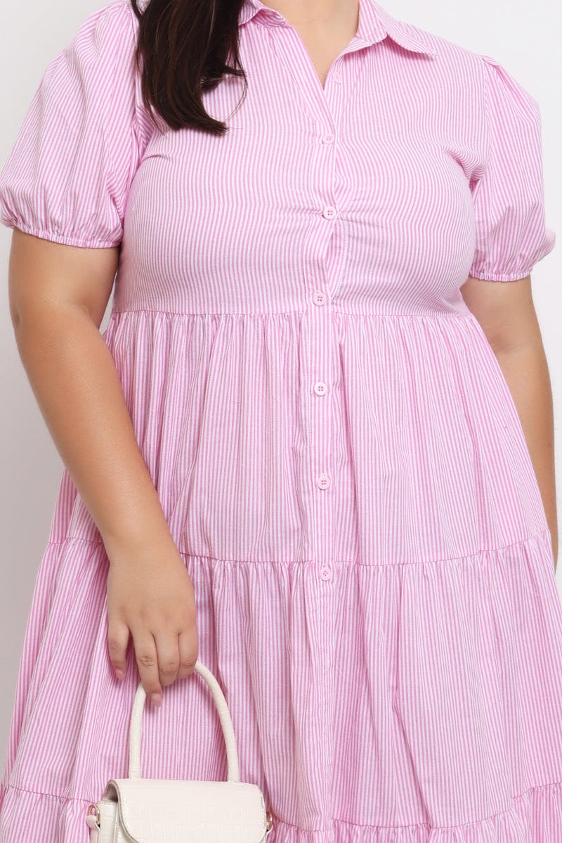 Pink Stripe Shirt Dress Short Sleeve Tiered - Image 5