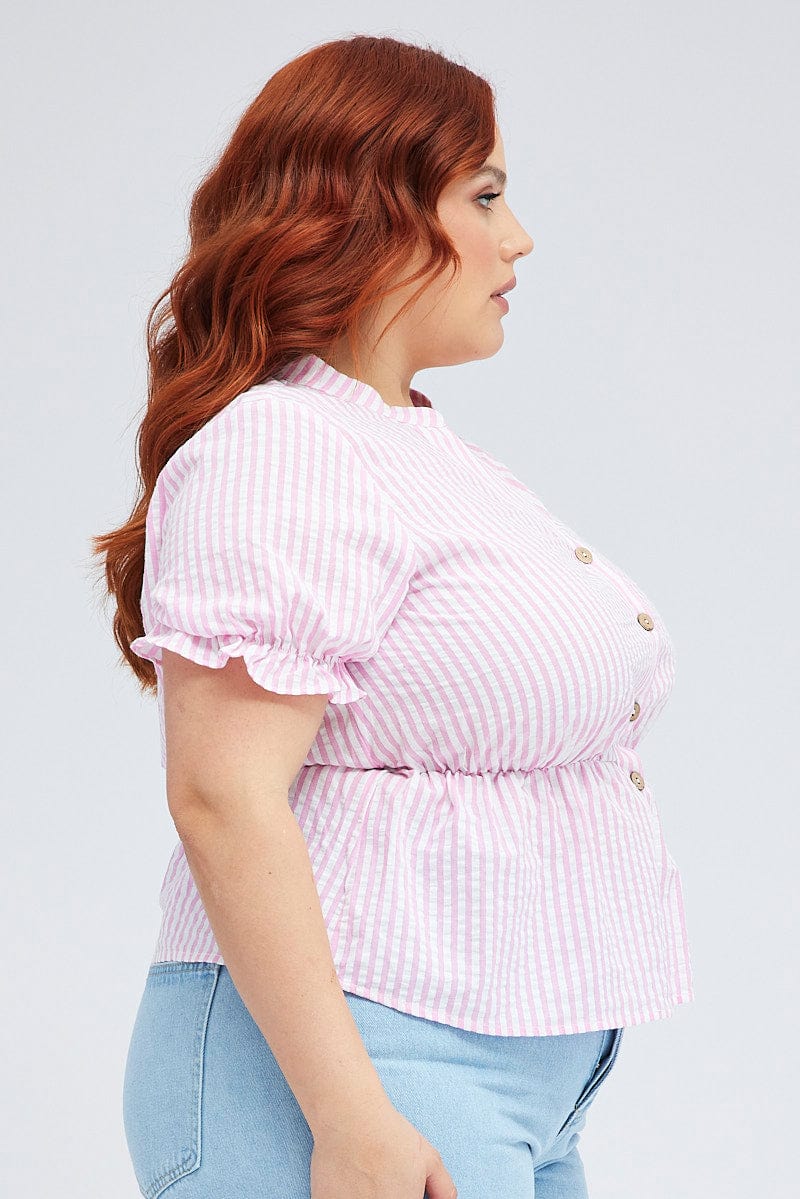 Pink Stripe Shirt Short Sleeve Banded Collar Elastic Waist - Image 4
