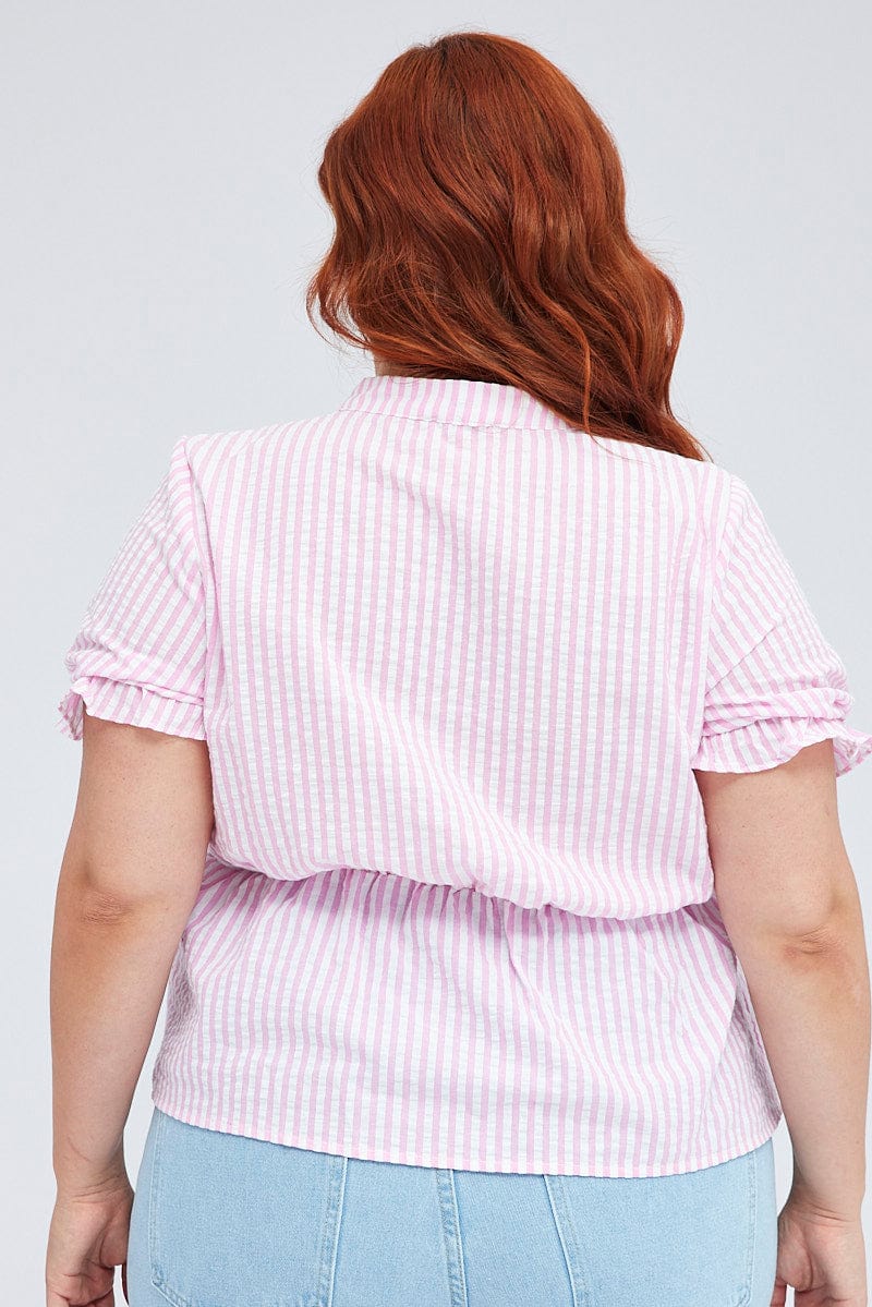 Pink Stripe Shirt Short Sleeve Banded Collar Elastic Waist - Image 5