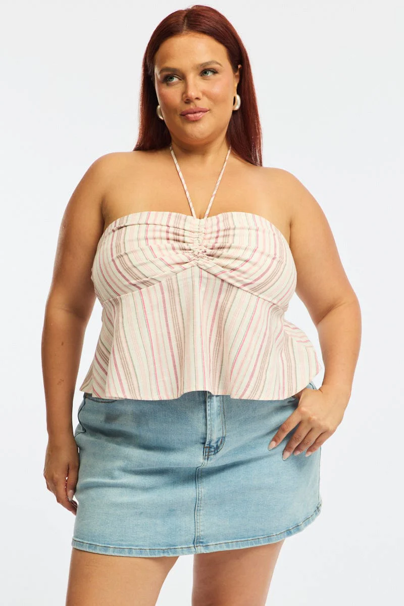 Pink Stripe Stripe Halter Top Sleeveless