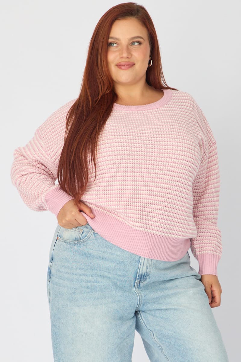 Pink Stripe Stripe Knit Top Long Sleeve