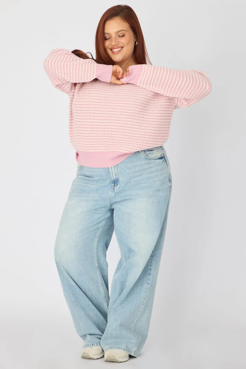 Pink Stripe Stripe Knit Top Long Sleeve - Image 2
