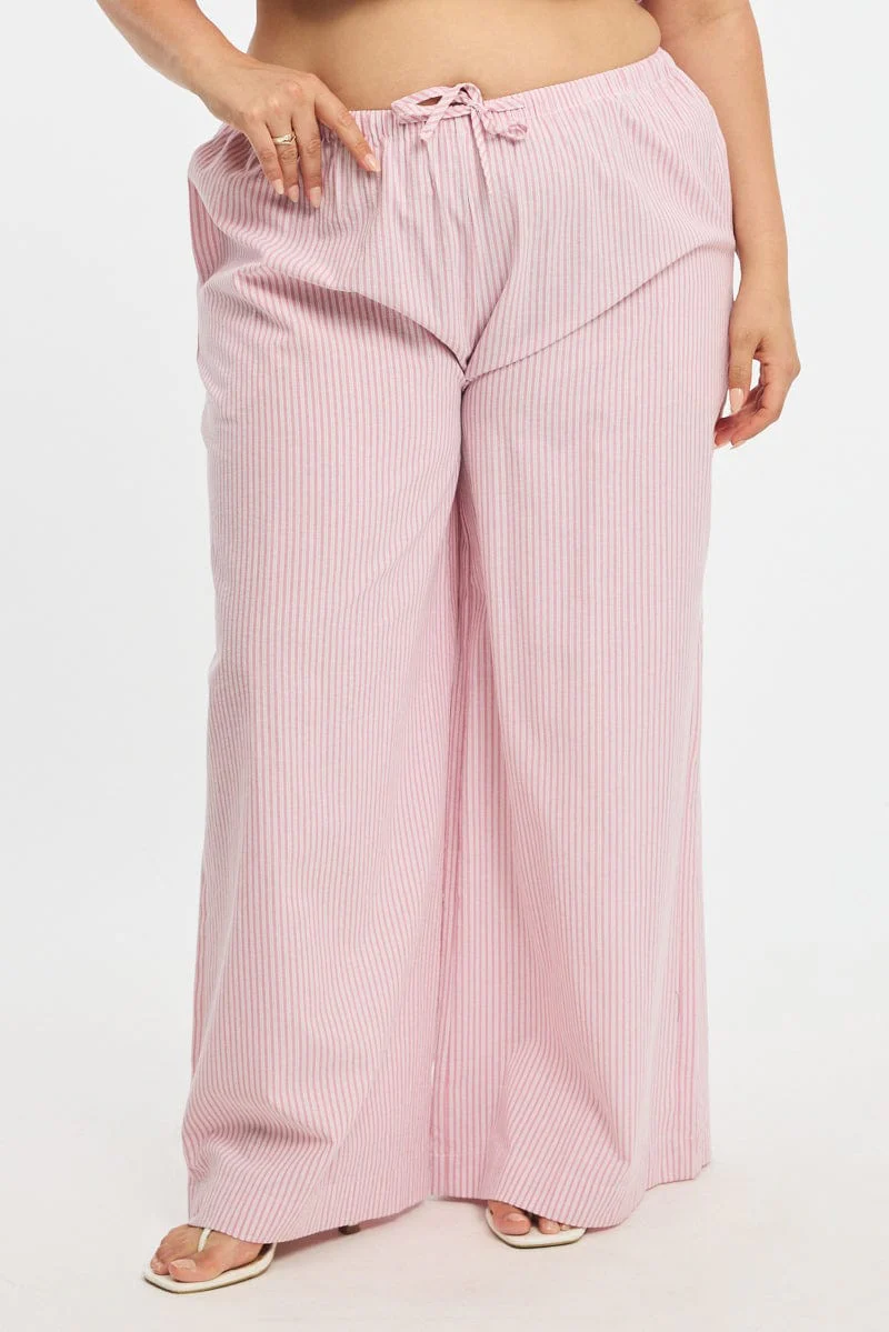 Pink Stripe Wide Leg Pants Elastic Waist - Image 2