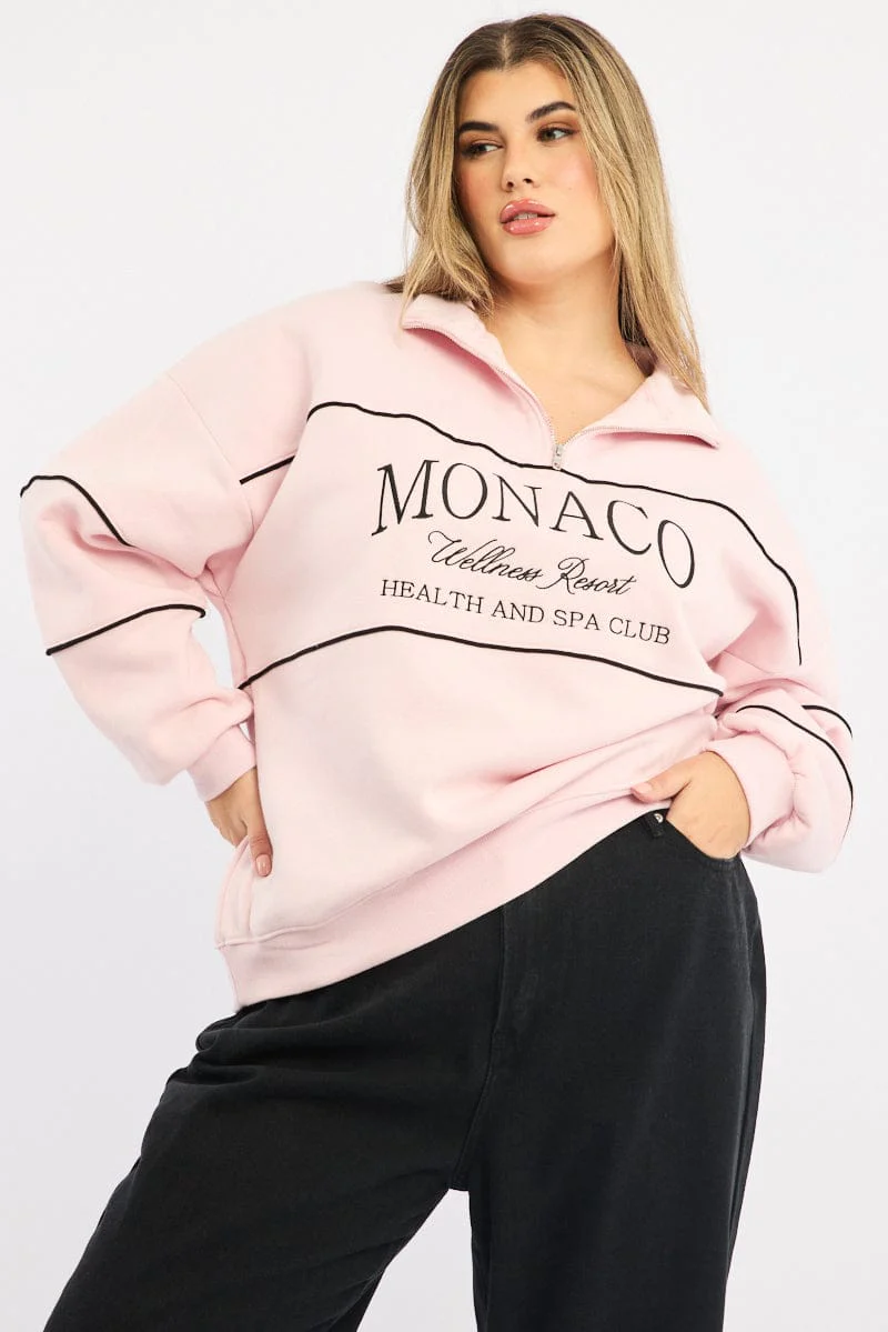 Pink Sweatshirt Long Sleeve Half Zip