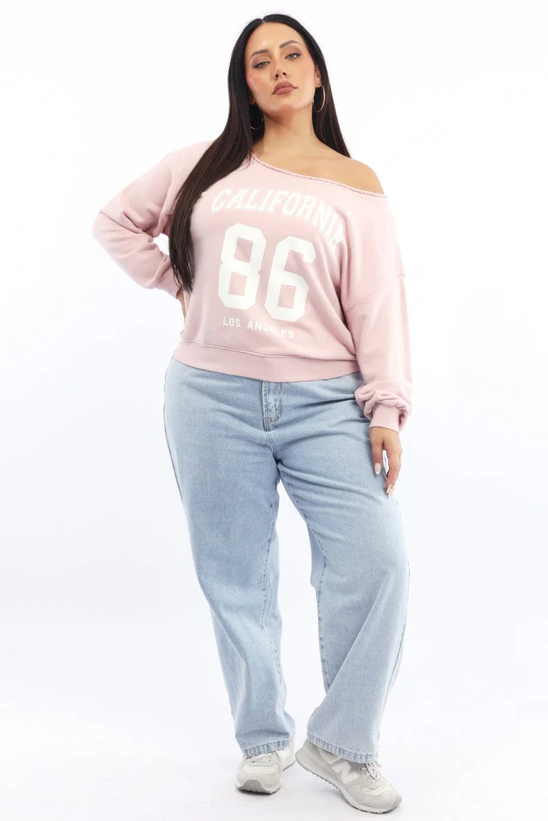 Pink Sweatshirt One Shoulder Long Sleeve - Image 3