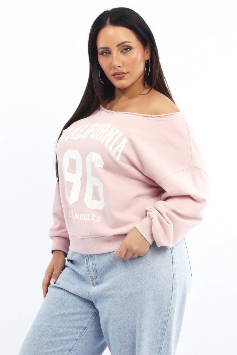 Pink Sweatshirt One Shoulder Long Sleeve - Image 4