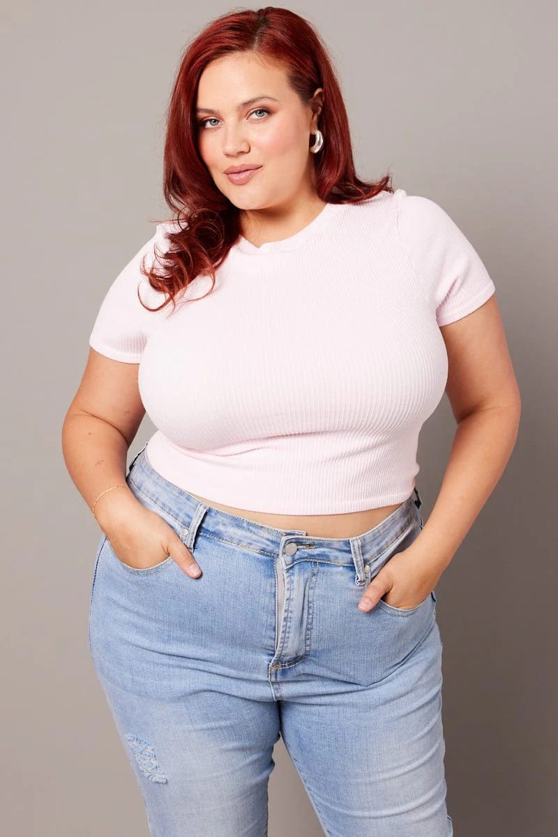 Pink T-shirt Short Sleeve Crew Neck Seamless - Image 3
