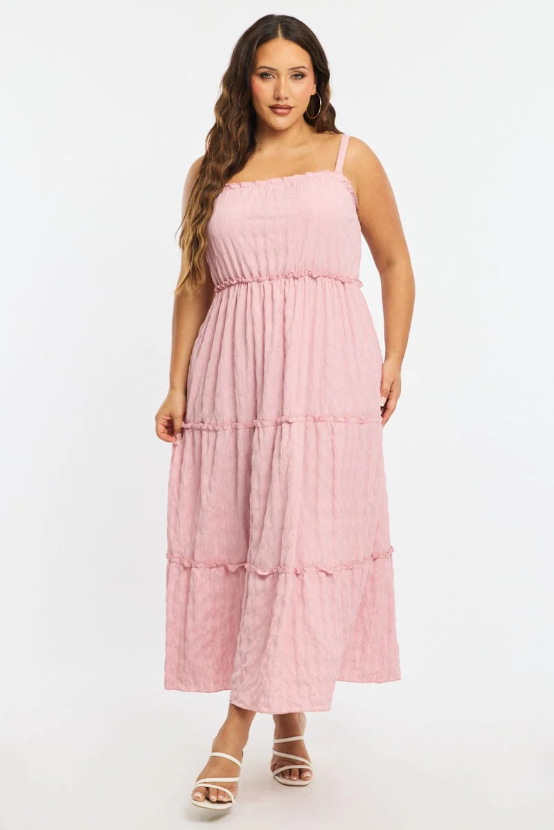 Pink Textured Maxi Dress Sleeveless Tiered
