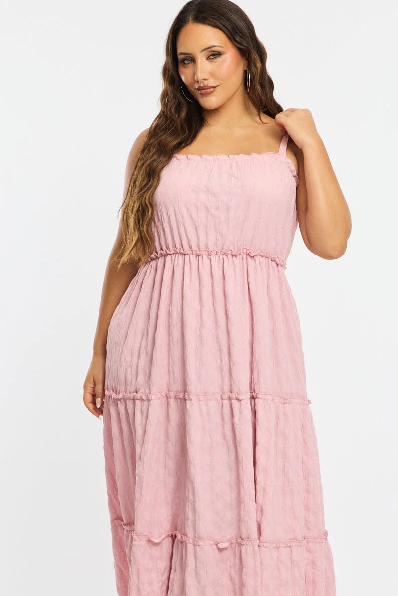 Pink Textured Maxi Dress Sleeveless Tiered - Image 2