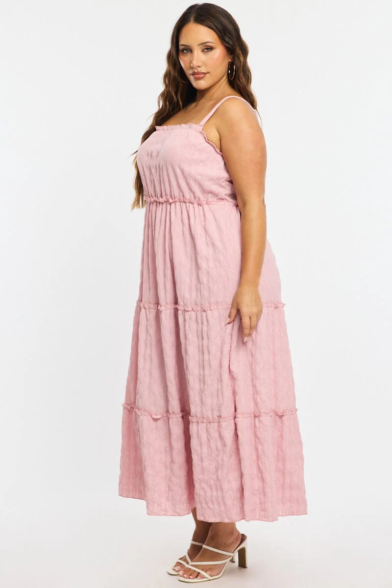 Pink Textured Maxi Dress Sleeveless Tiered - Image 3