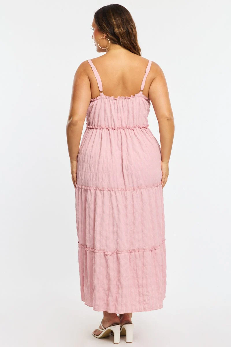 Pink Textured Maxi Dress Sleeveless Tiered - Image 4