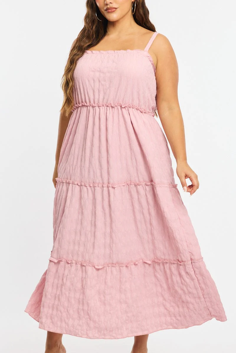 Pink Textured Maxi Dress Sleeveless Tiered - Image 5