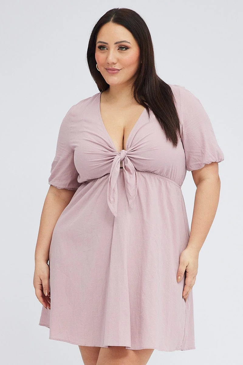 Pink Tie Front Cotton Crush Dress - Image 3