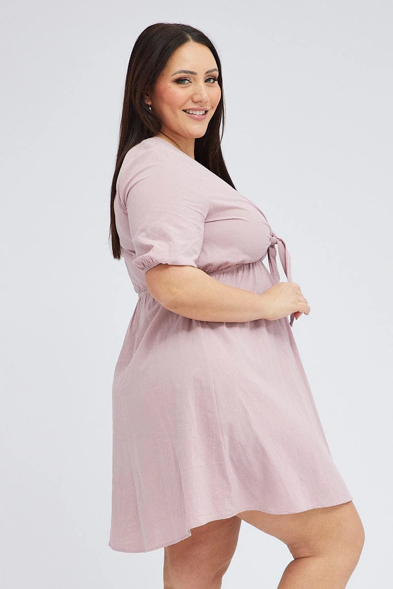 Pink Tie Front Cotton Crush Dress - Image 4