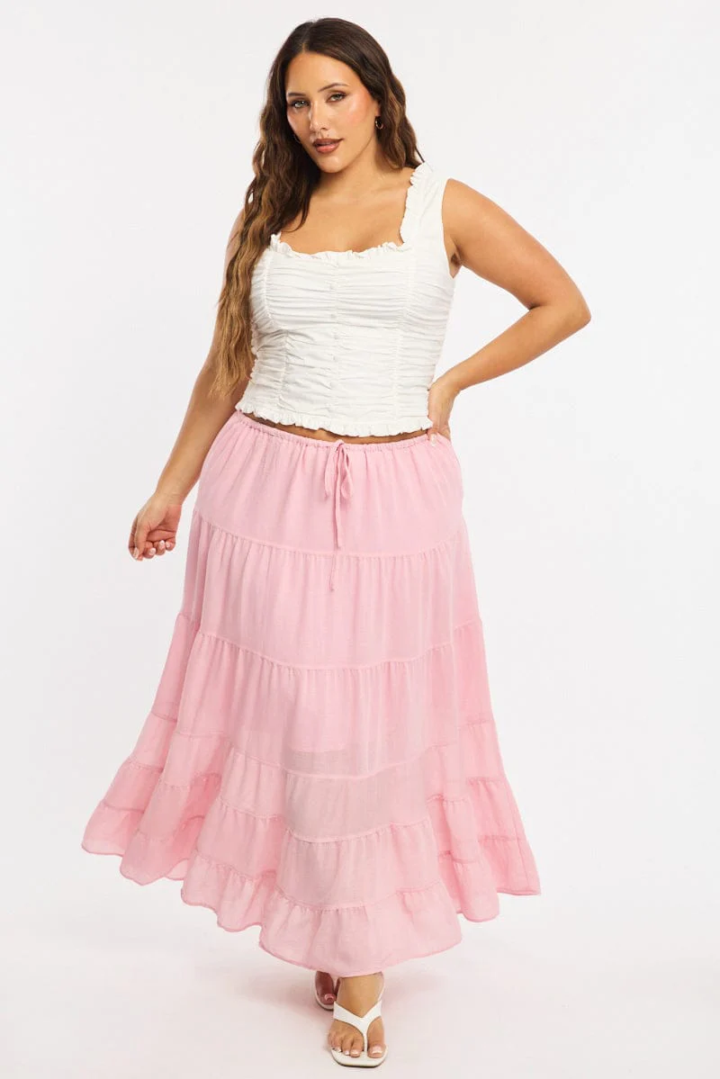 Pink Tiered Skirt Elasticated Waist Textured