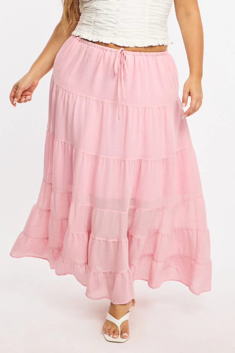 Pink Tiered Skirt Elasticated Waist Textured - Image 2