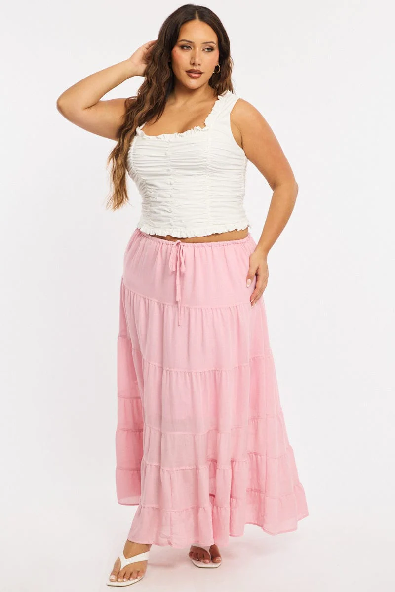 Pink Tiered Skirt Elasticated Waist Textured - Image 3