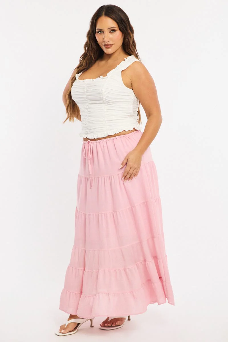 Pink Tiered Skirt Elasticated Waist Textured - Image 4
