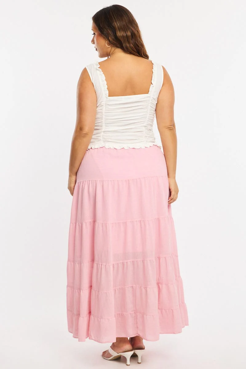 Pink Tiered Skirt Elasticated Waist Textured - Image 5