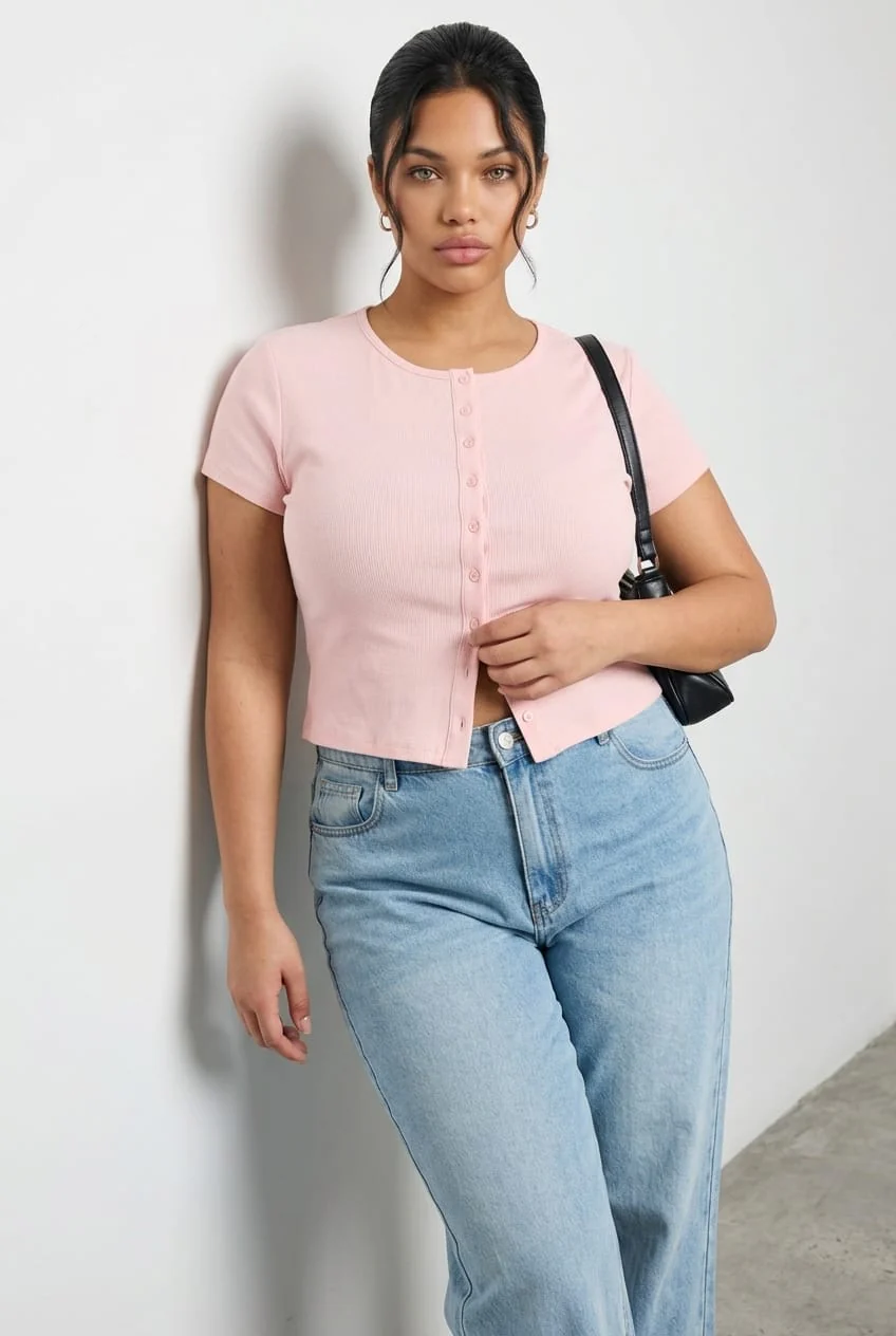 Pink Top Short Sleeve Button Front Rib