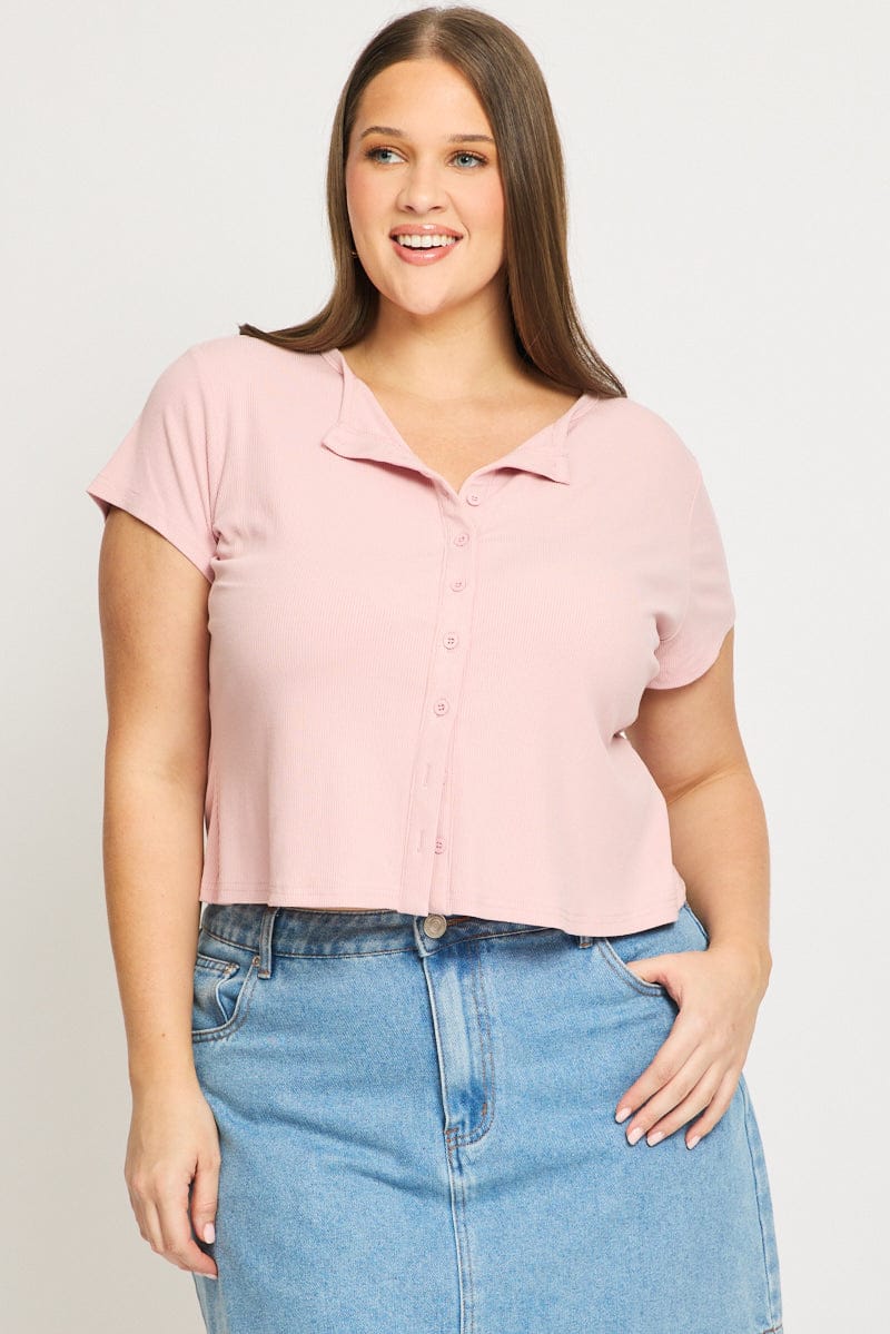 Pink Top Short Sleeve Button Front Rib - Image 2