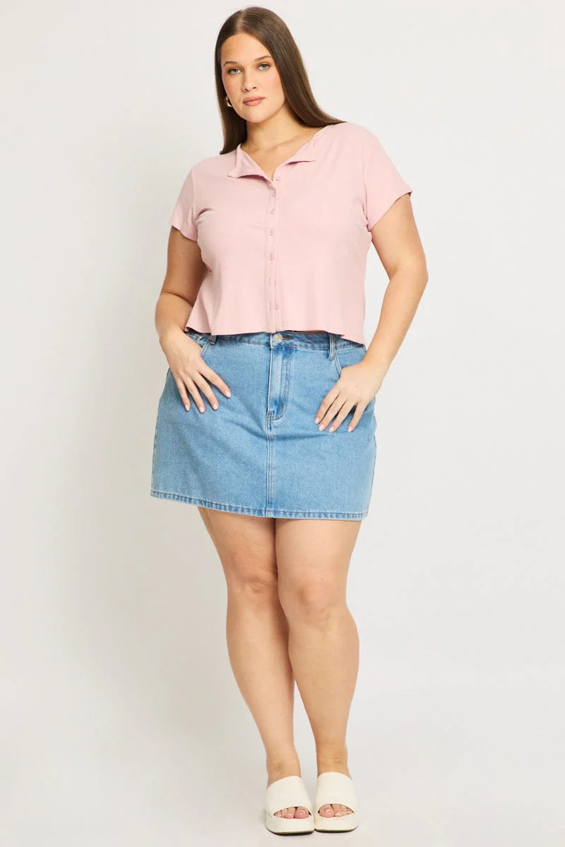 Pink Top Short Sleeve Button Front Rib - Image 3