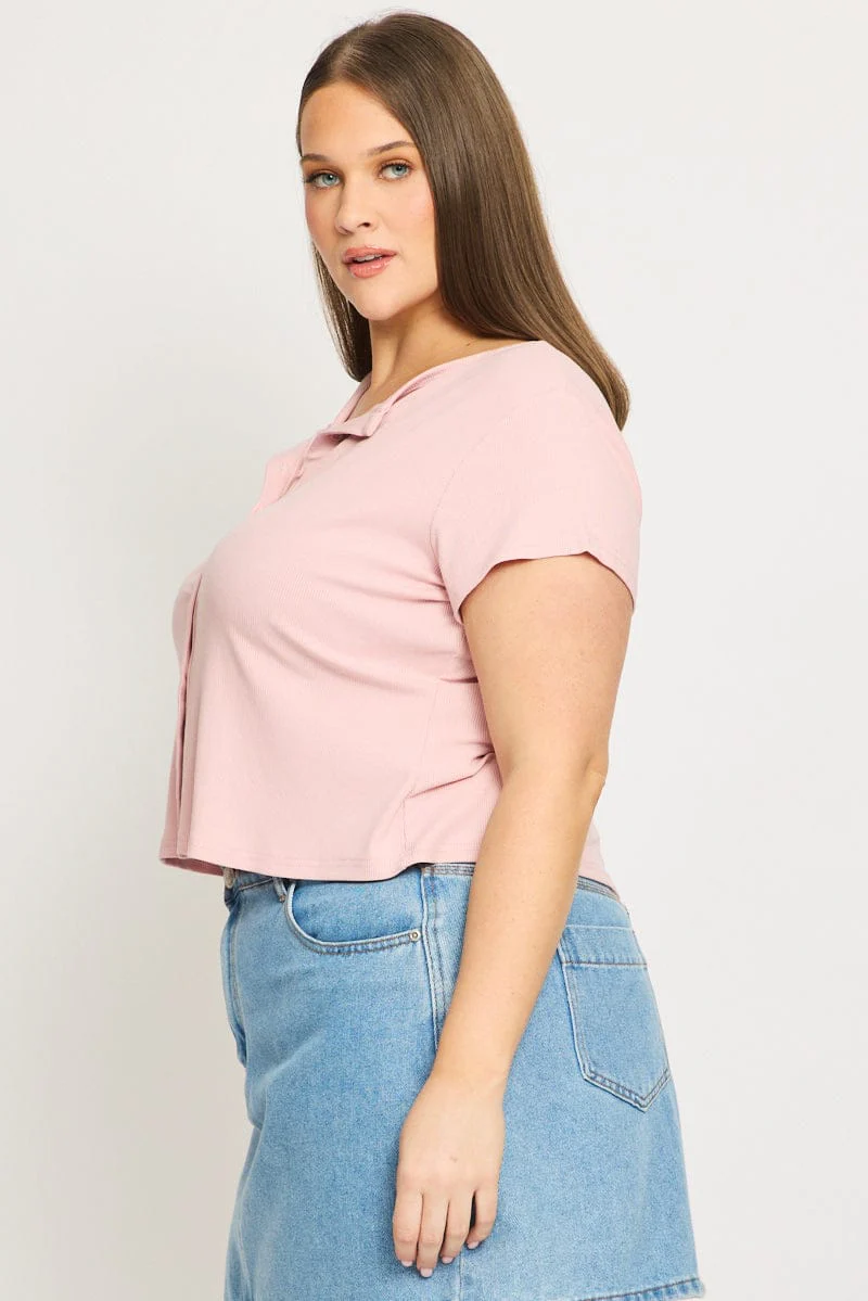 Pink Top Short Sleeve Button Front Rib - Image 4