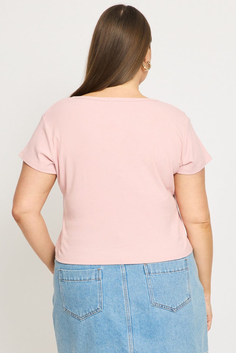 Pink Top Short Sleeve Button Front Rib - Image 5
