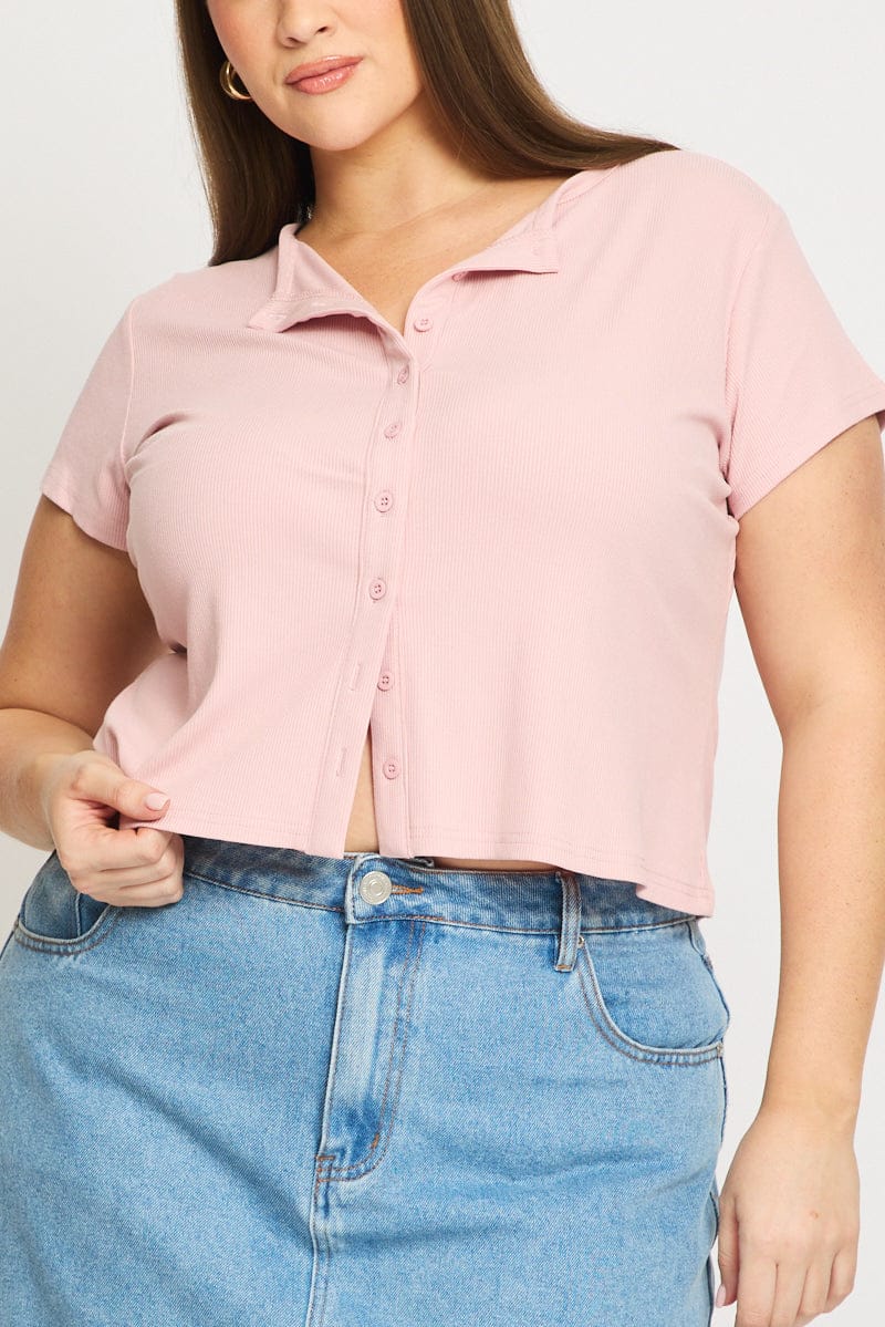 Pink Top Short Sleeve Button Front Rib - Image 6