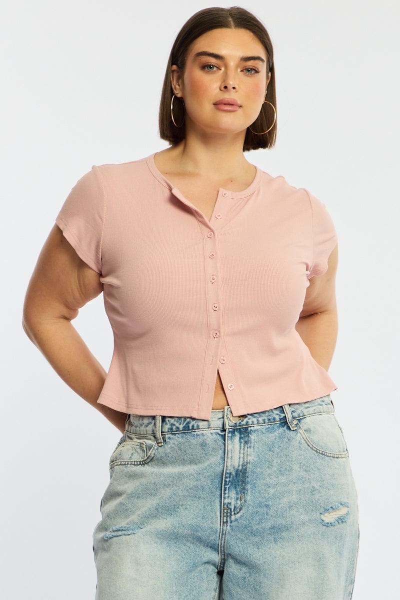 Pink Top Short Sleeve Button Front Rib