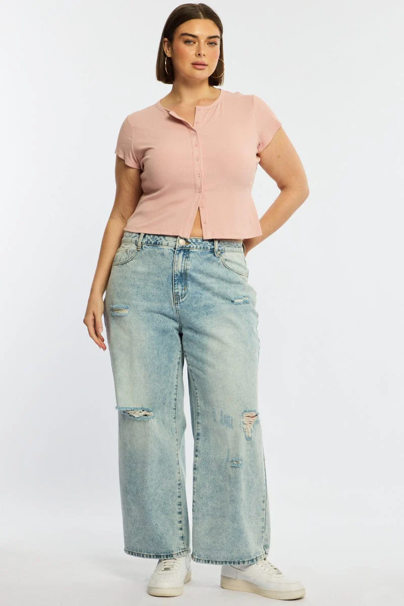 Pink Top Short Sleeve Button Front Rib - Image 2