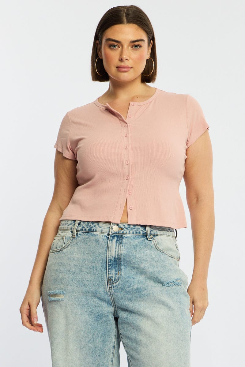 Pink Top Short Sleeve Button Front Rib - Image 3