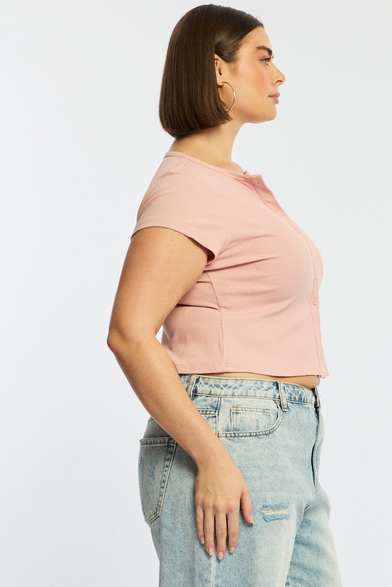 Pink Top Short Sleeve Button Front Rib - Image 4