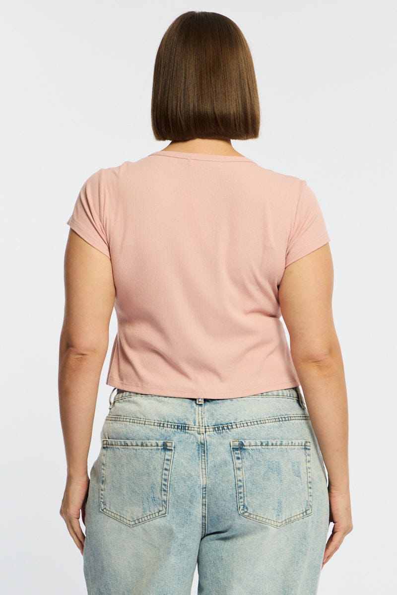Pink Top Short Sleeve Button Front Rib - Image 5