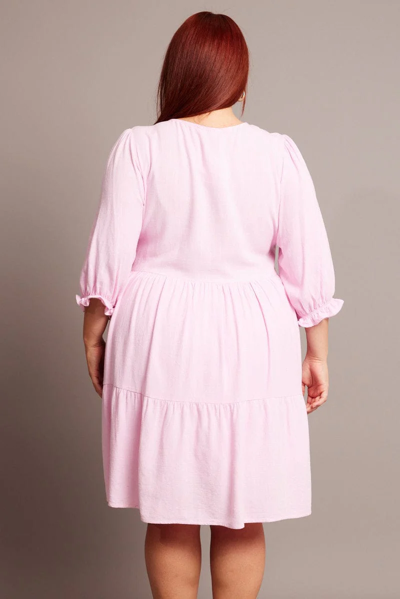 Pink V-neck Button Through Linen Blend Minidress - Image 5