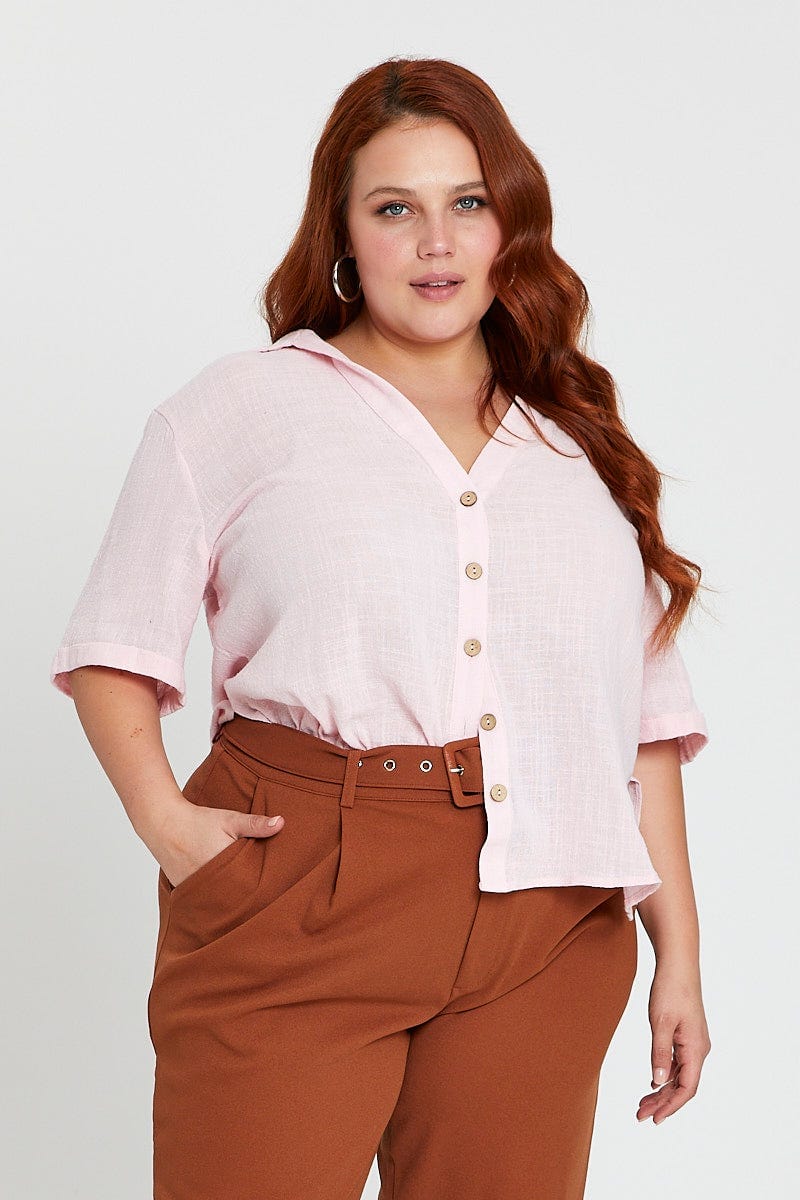 Pink V-neck Shirt Short Sleeve Textured - Image 3