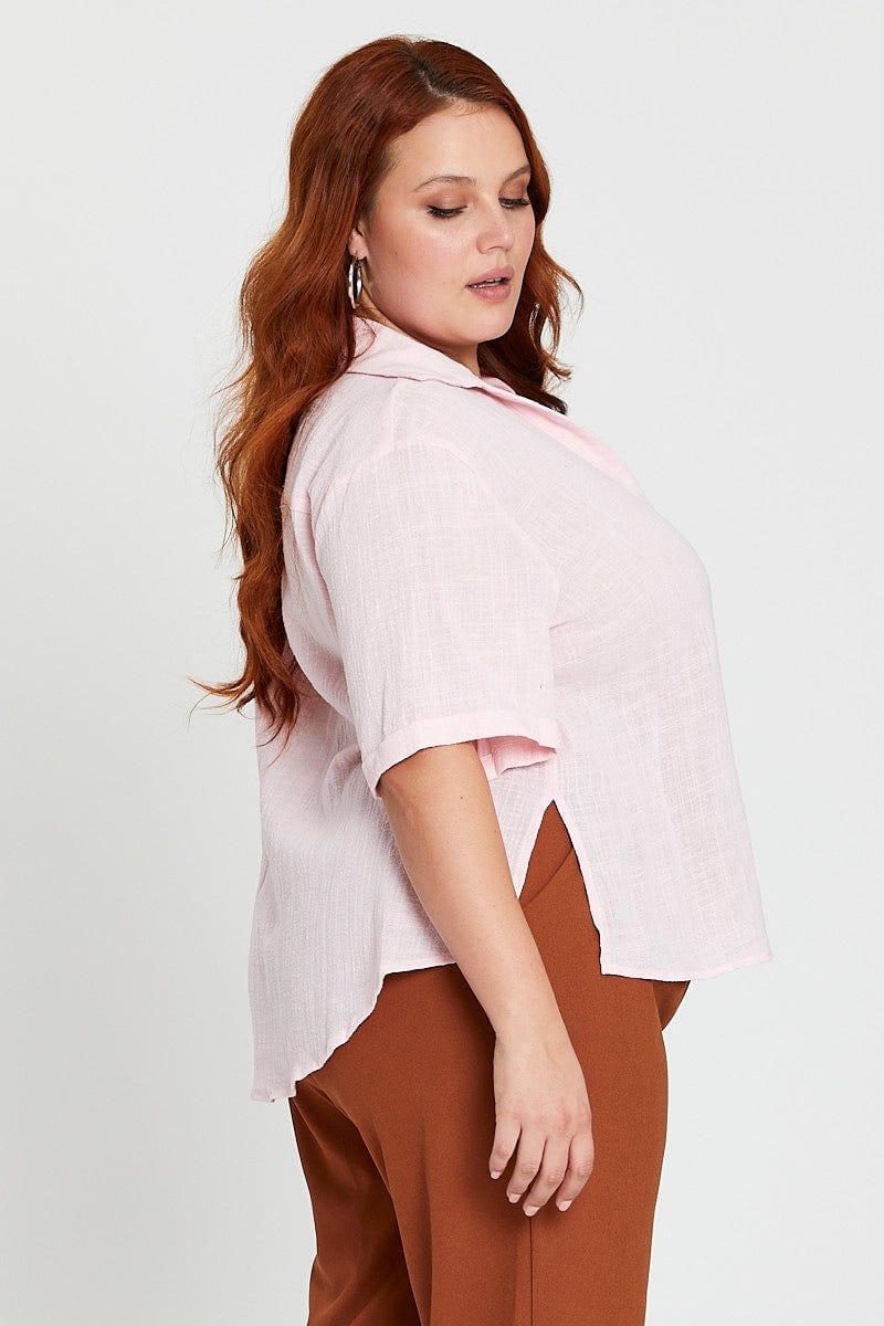 Pink V-neck Shirt Short Sleeve Textured - Image 4